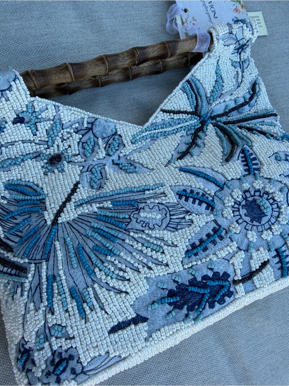 NWT BEADED PURSE Blue Floral BAG w Bamboo Handle Sequin Statement Bag - Picture 15 of 16